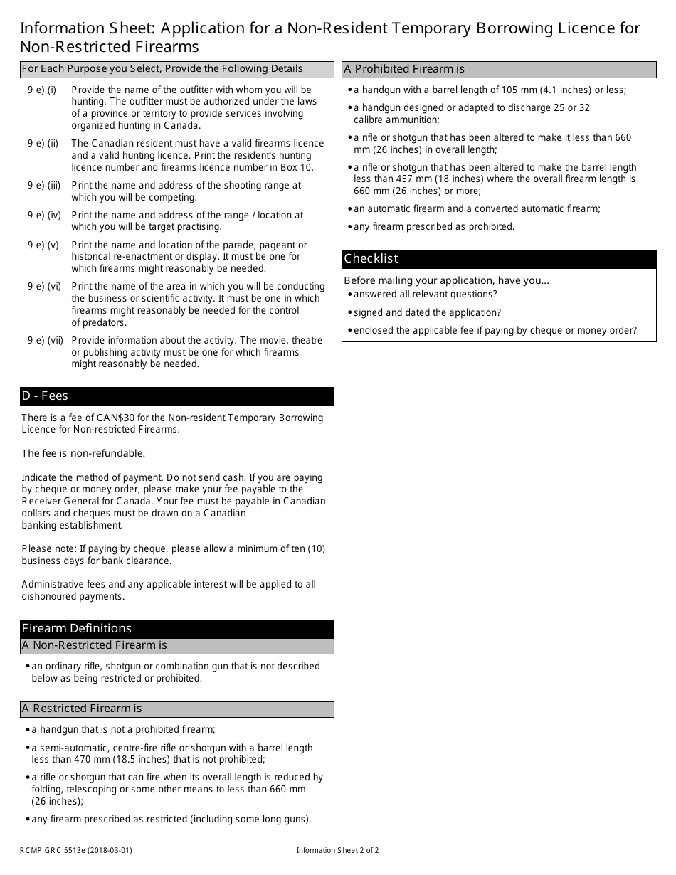 Form RCMP GRC5513 Application for a Non-resident Temporary Borrowing Licence for Non-restricted Firearms - Canada, Page 2