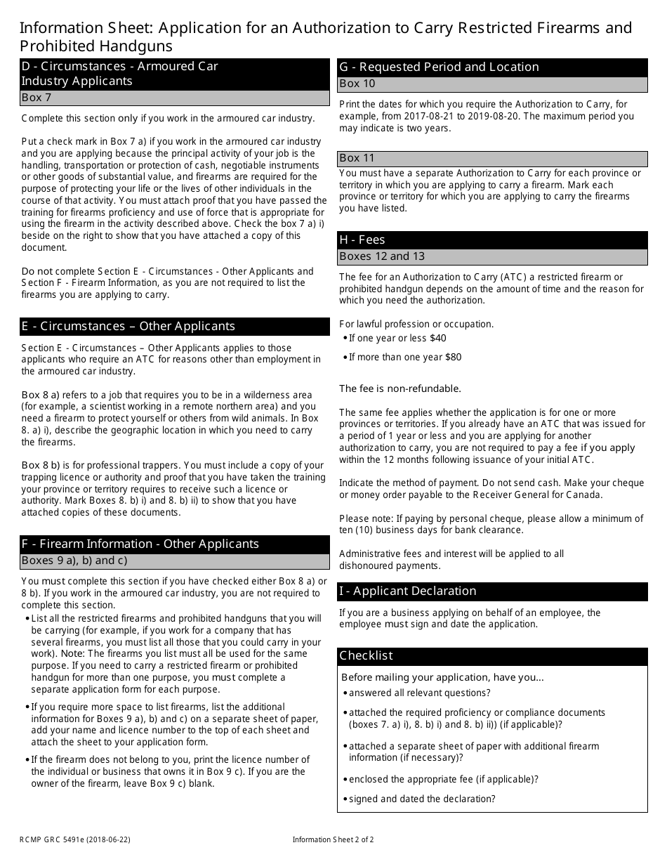 Form RCMP GRC5491 Application for an Authorization to Carry Restricted Firearms and Prohibited Handguns - Canada, Page 2