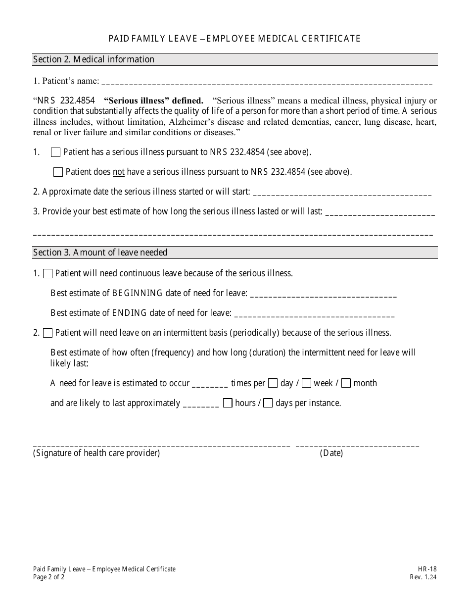 Form HR-18 Paid Family Leave - Employee Medical Certificate - Nevada, Page 2