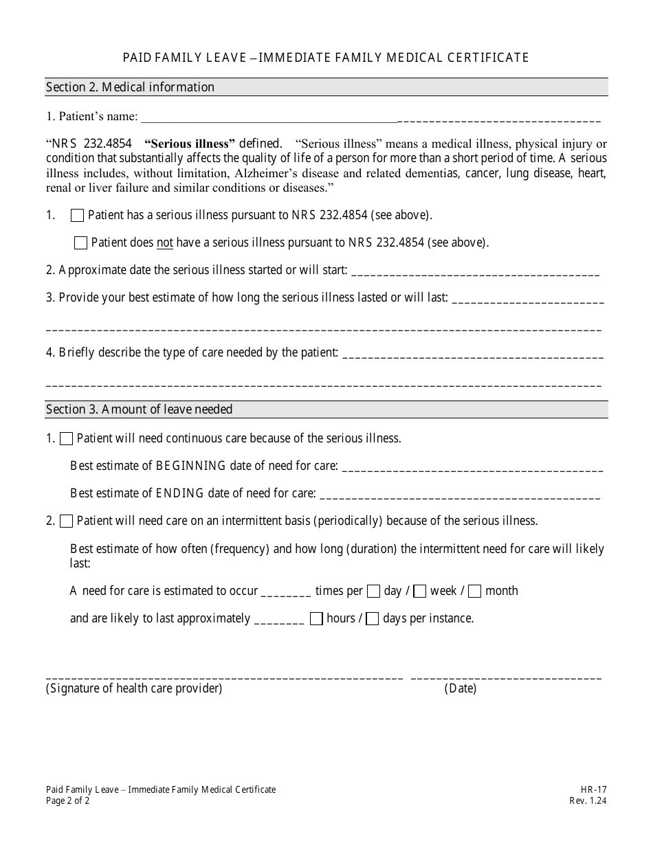 Form HR-17 Paid Family Leave - Immediate Family Medical Certificate - Nevada, Page 2
