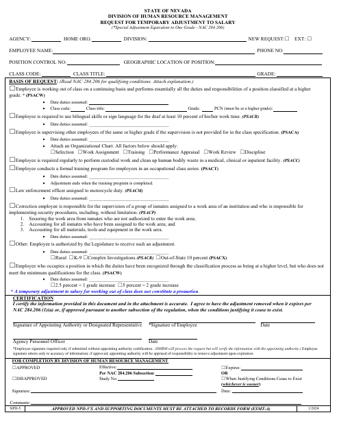 Form NPD-5 Request for Temporary Adjustment to Salary - Nevada