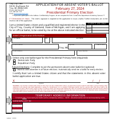 Document preview: Application for Absent Voter's Ballot - Presidential Primary Election - City of Troy, Michigan, 2024