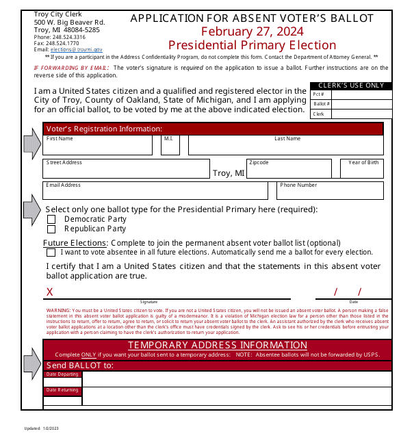 Application for Absent Voter's Ballot - Presidential Primary Election - City of Troy, Michigan Download Pdf