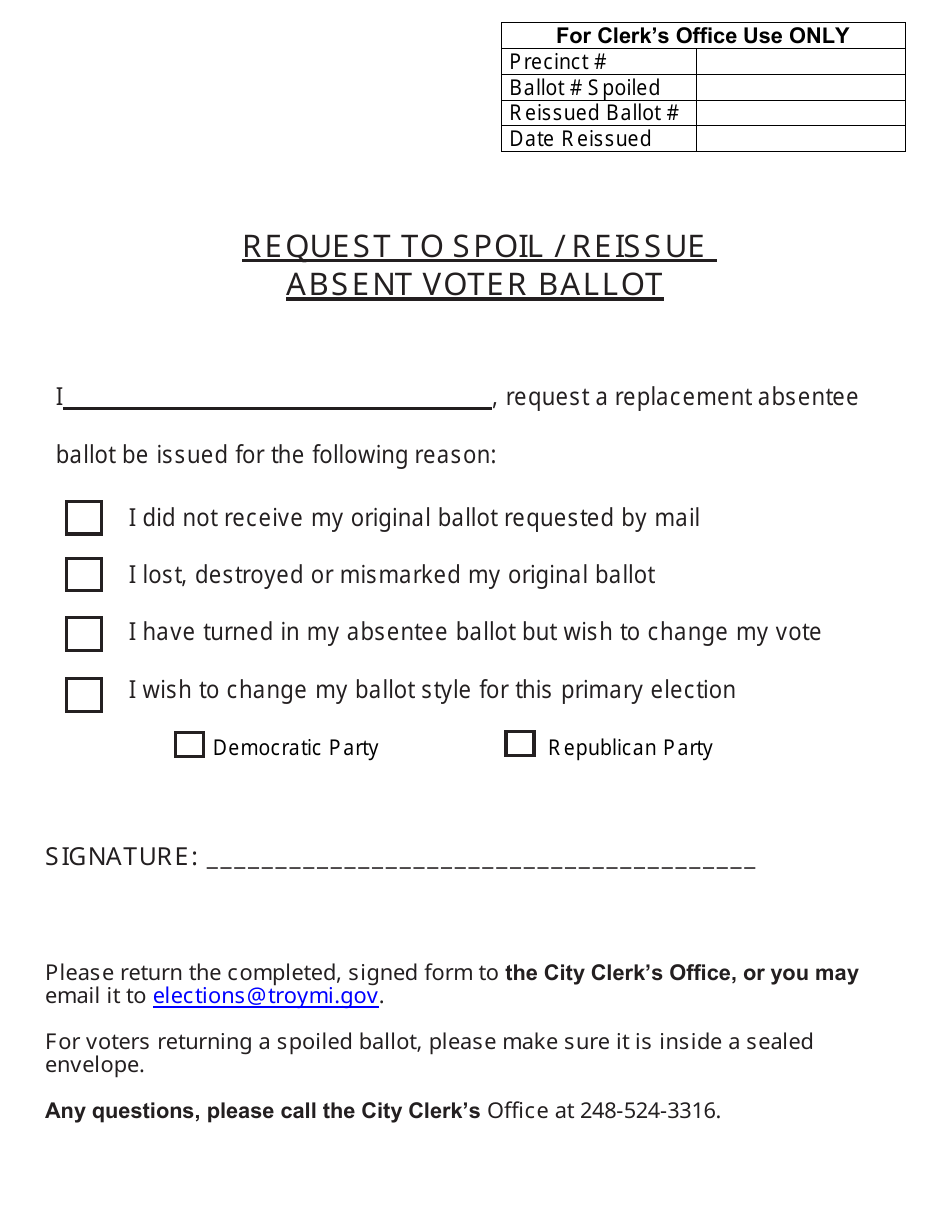 Request to Spoil / Reissue Absent Voter Ballot - City of Troy, Michigan, Page 1