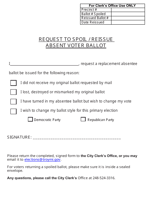 Request to Spoil / Reissue Absent Voter Ballot - City of Troy, Michigan Download Pdf
