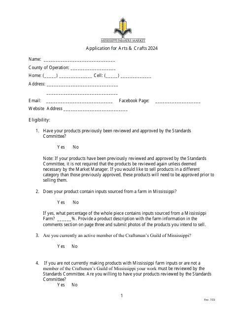 Ms Farmers Market Application for Arts & Crafts - Mississippi, 2024