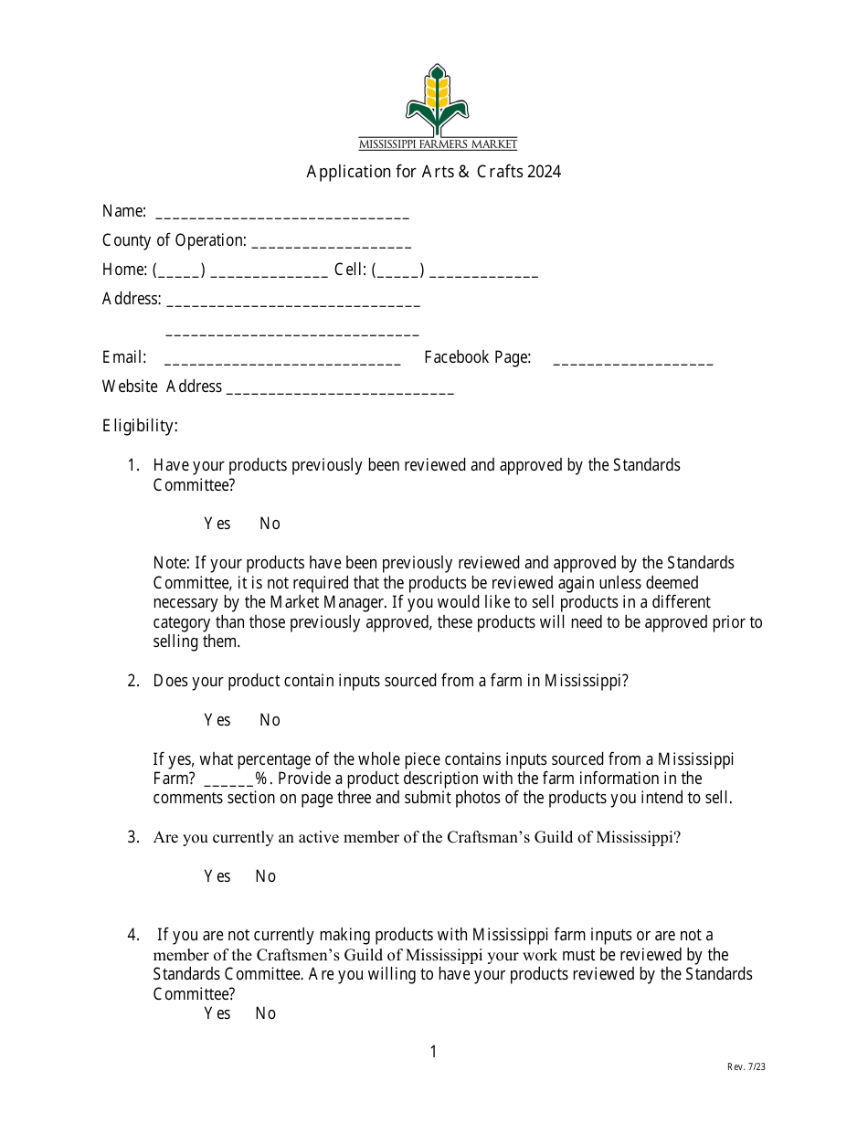 Ms Farmers Market Application for Arts  Crafts - Mississippi, Page 1
