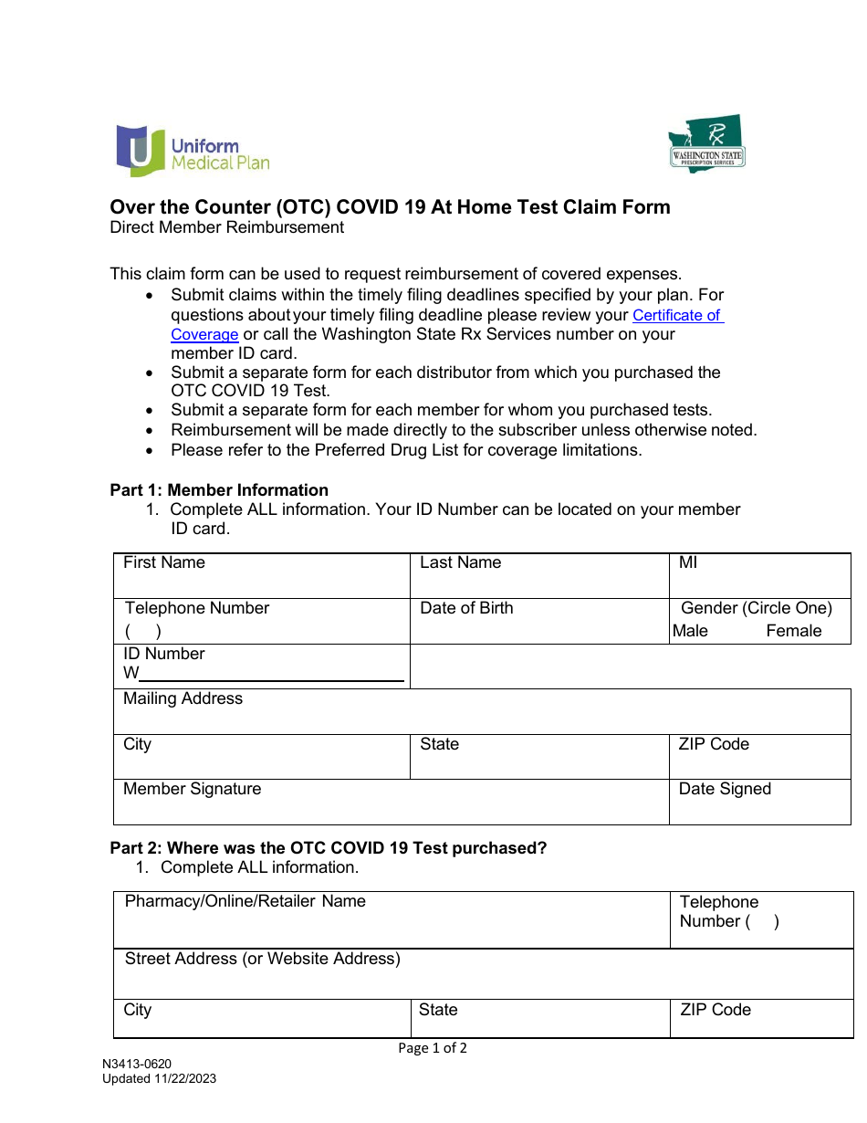 Form N3413-0620 Over the Counter (OTC) Covid 19 at Home Test Claim Form - Washington, Page 1