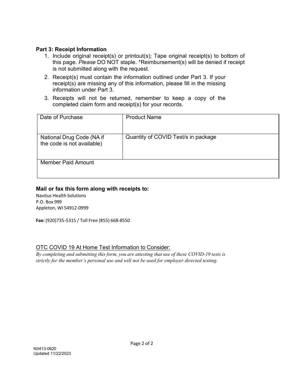 Form N3413-0620 Over the Counter (OTC) Covid 19 at Home Test Claim Form - Washington, Page 2
