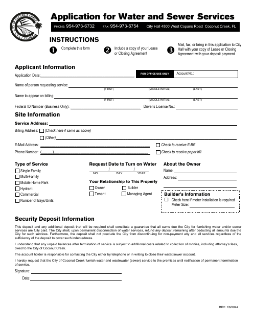 Application for Water and Sewer Services - City of Coconut Creek, Florida