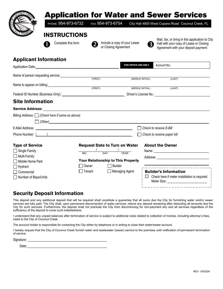 Application for Water and Sewer Services - City of Coconut Creek, Florida, Page 1