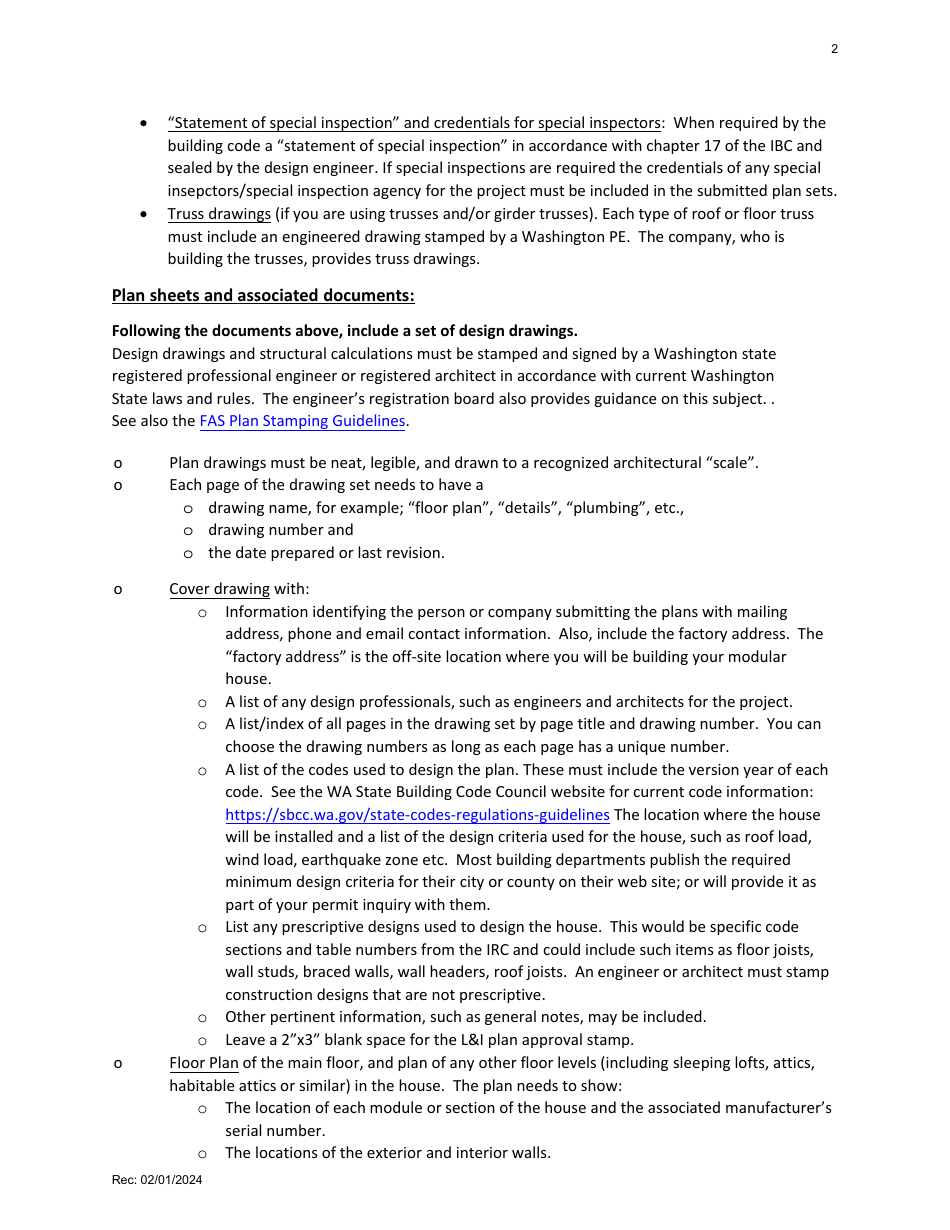 Factory Built Residential Buildings - Plan Submittal Checklist - Washington, Page 2