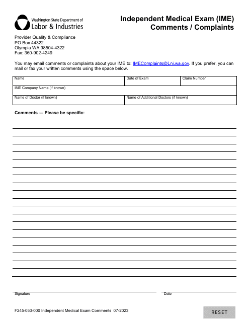 Form F245-053-000 Independent Medical Exam (Ime) Comments/Complaints - Washington