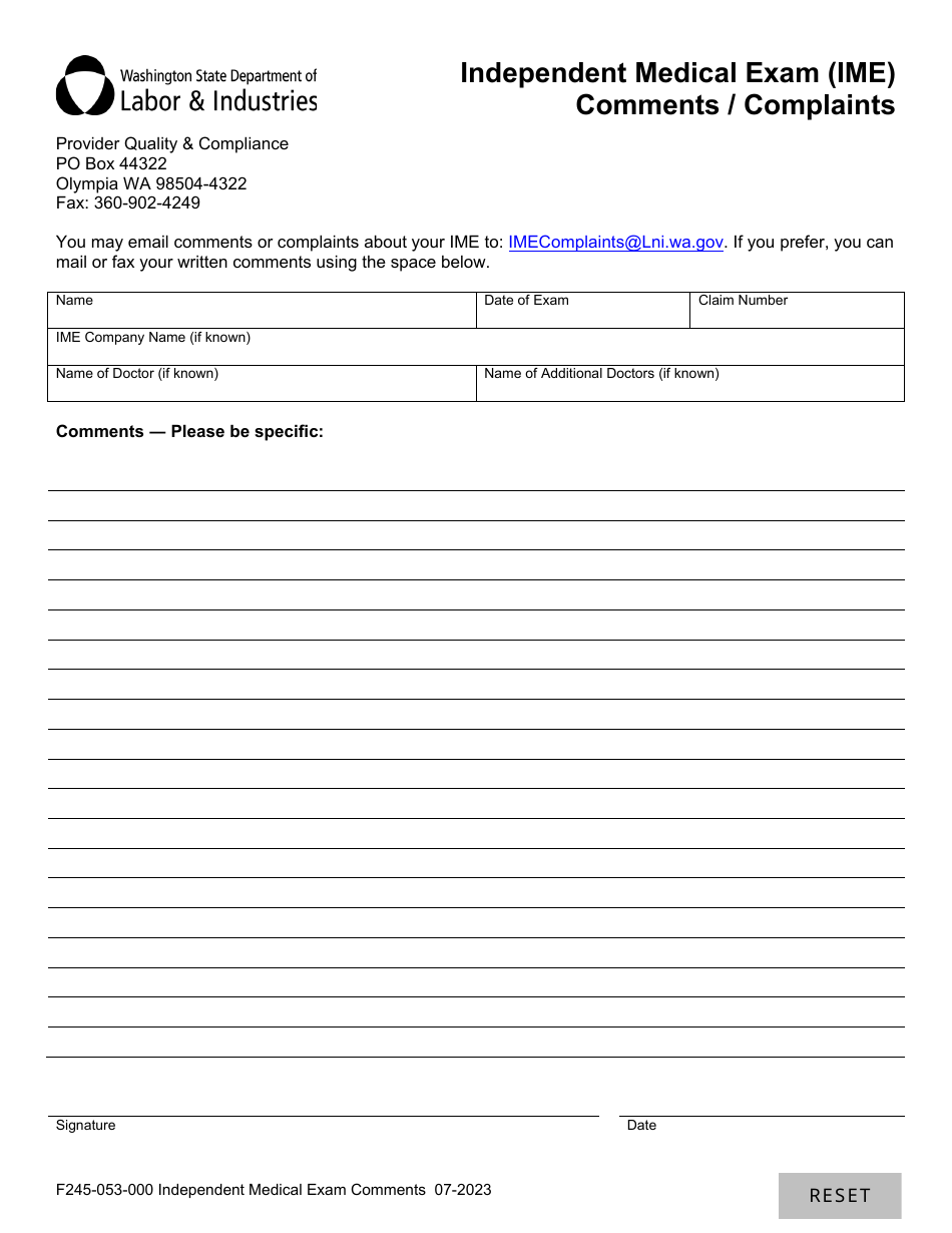 Form F245-053-000 Independent Medical Exam (Ime) Comments / Complaints - Washington, Page 1
