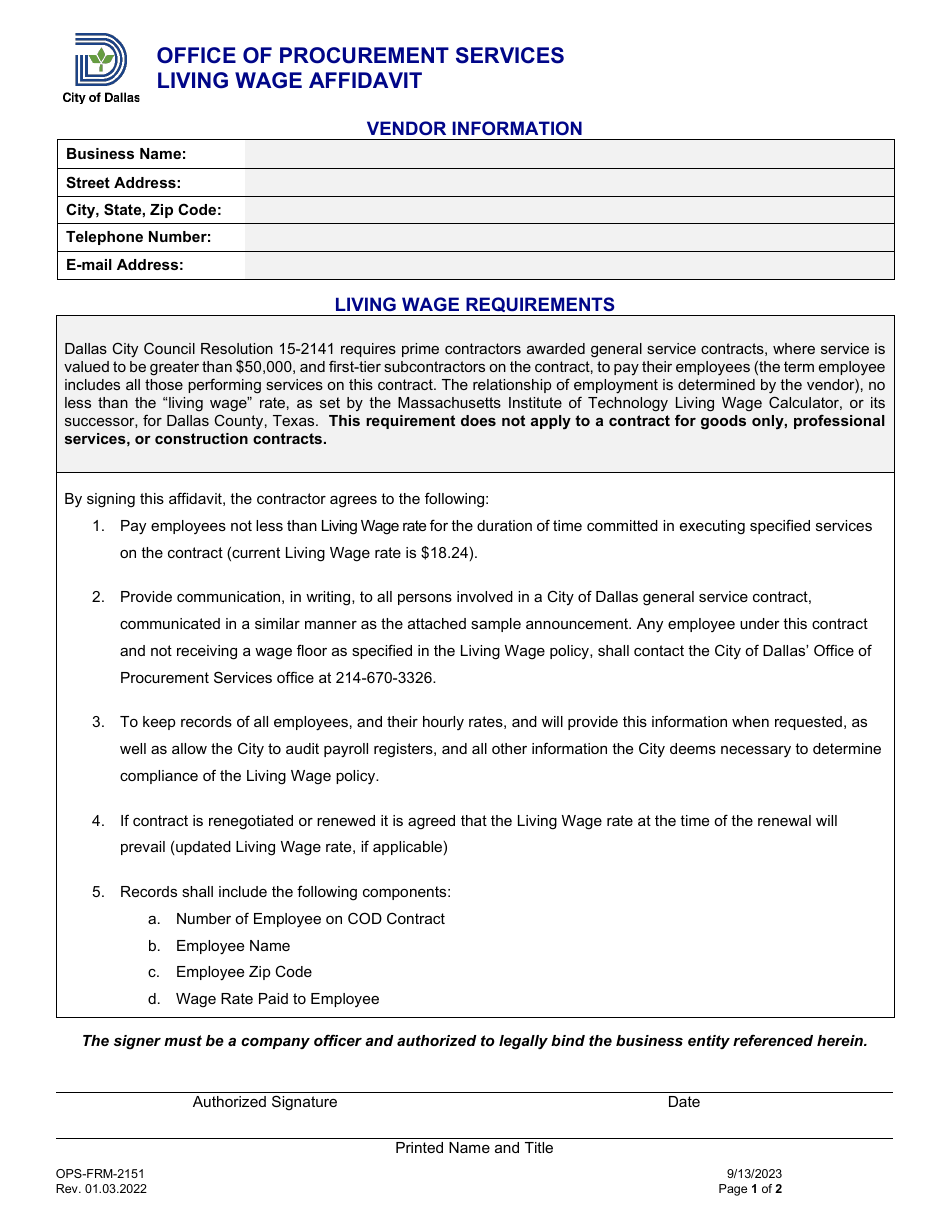 Form OPS-FRM-2151 Living Wage Affidavit - City of Dallas, Texas, Page 1