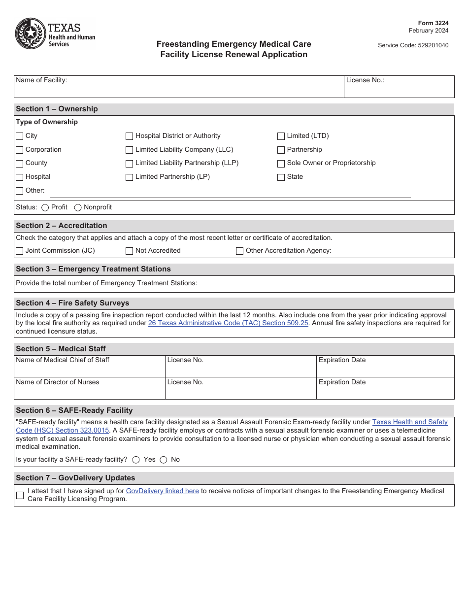 Form 3224 Freestanding Emergency Medical Care Facility License Renewal Application - Texas, Page 1