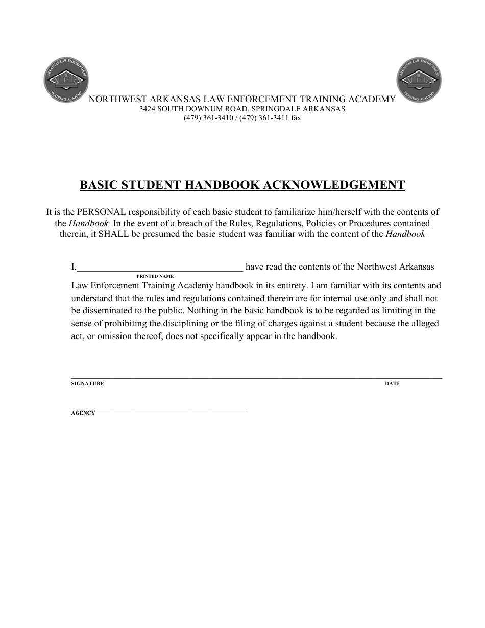 Basic Student Handbook Acknowledgement - Arkansas, Page 1