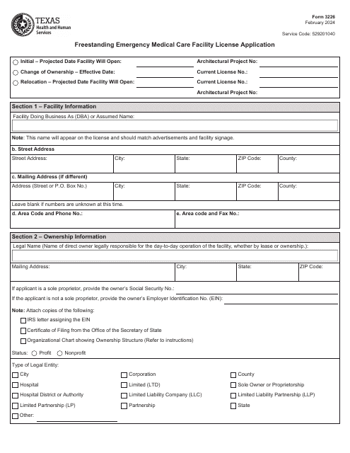 Form 3226 Freestanding Emergency Medical Care Facility License Application - Texas