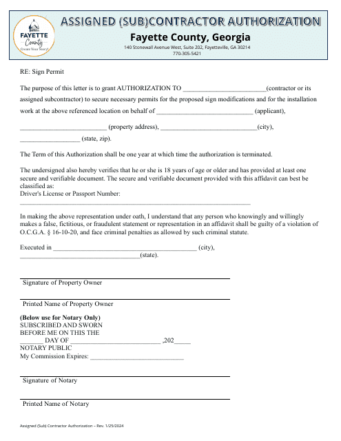 Assigned (Sub)contractor Authorization - Fayette County, Georgia (United States) Download Pdf