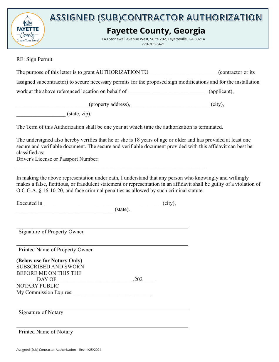 Assigned (Sub)contractor Authorization - Fayette County, Georgia (United States), Page 1