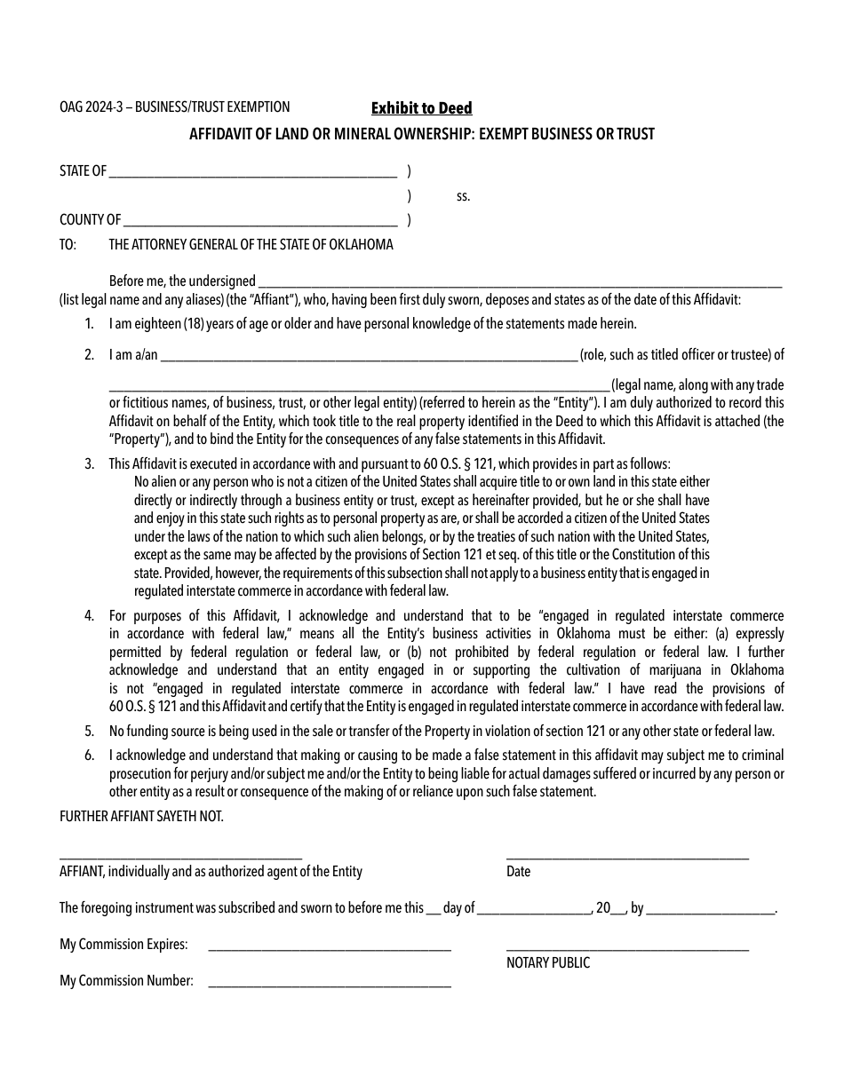 Form OAG2024-3 Affidavit of Land or Mineral Ownership: Exempt Business or Trust - Oklahoma, Page 1