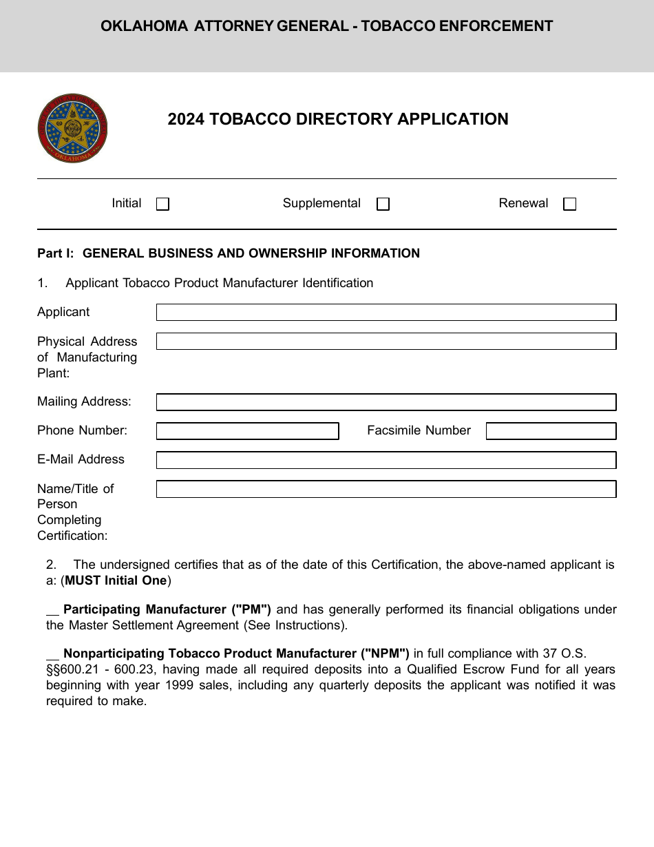 Tobacco Directory Application - Oklahoma, Page 1