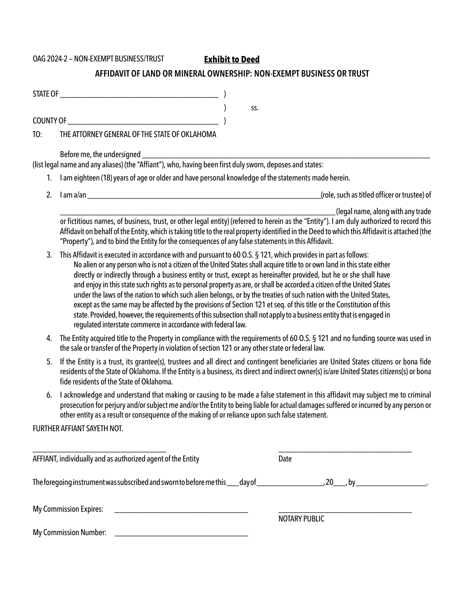 Form OAG2024-2 Affidavit of Land or Mineral Ownership: Non-exempt Business or Trust - Oklahoma, Page 1