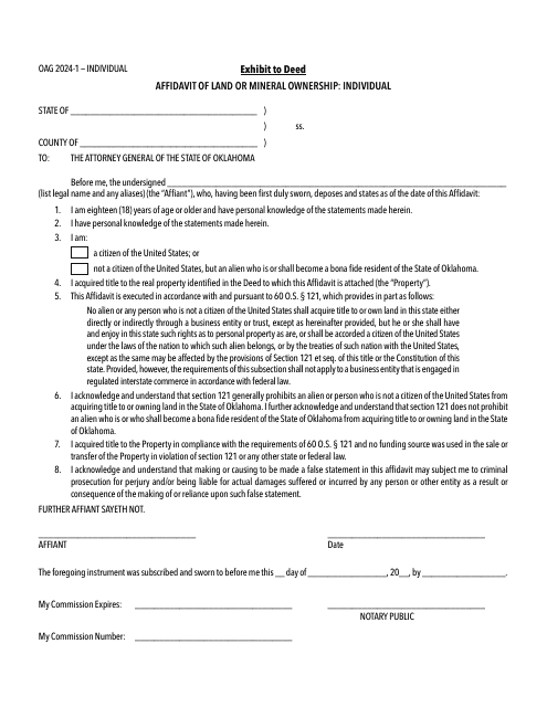 Form OAG2024-1 Affidavit of Land or Mineral Ownership: Individual - Oklahoma