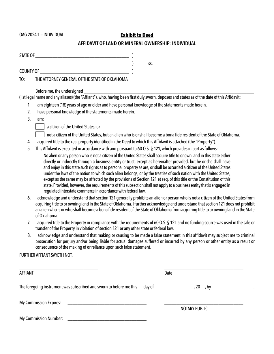 Form OAG2024-1 Affidavit of Land or Mineral Ownership: Individual - Oklahoma, Page 1