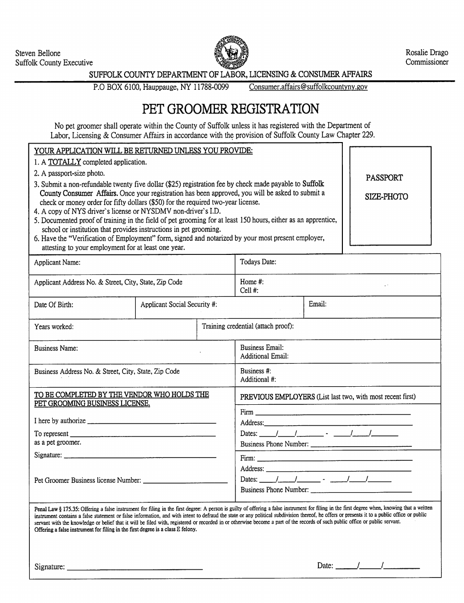 Form CA-L24 Pet Groomer Registration - Suffolk County, New York, Page 1