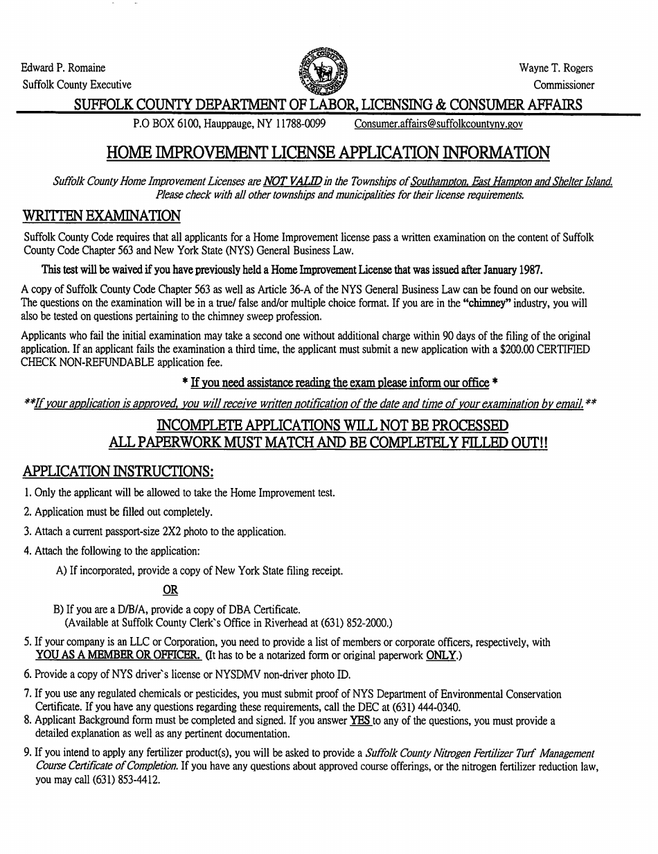 Form CA-L02 Application for Home Improvement License - Suffolk County, New York, Page 1
