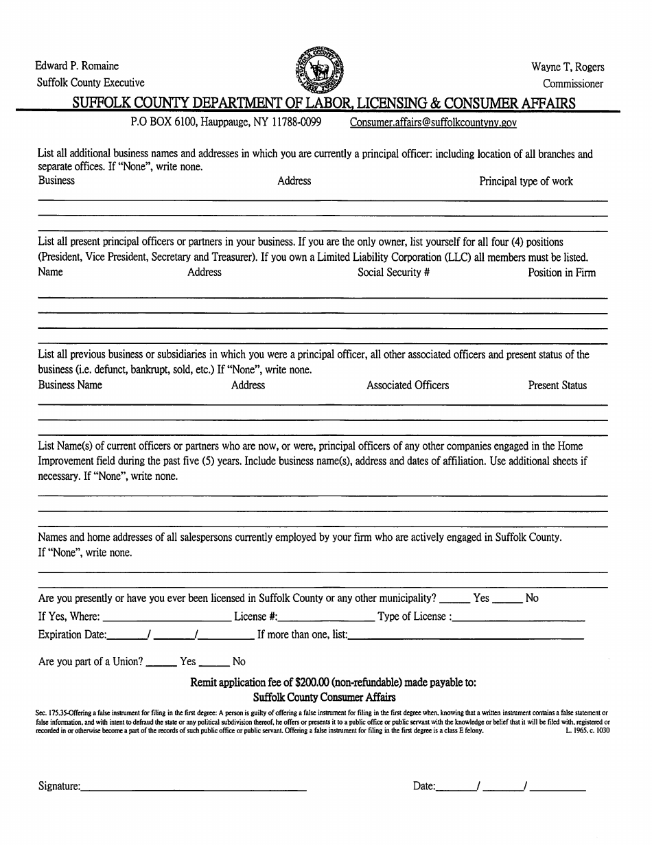Form CA-L02 Application for Home Improvement License - Suffolk County, New York, Page 4