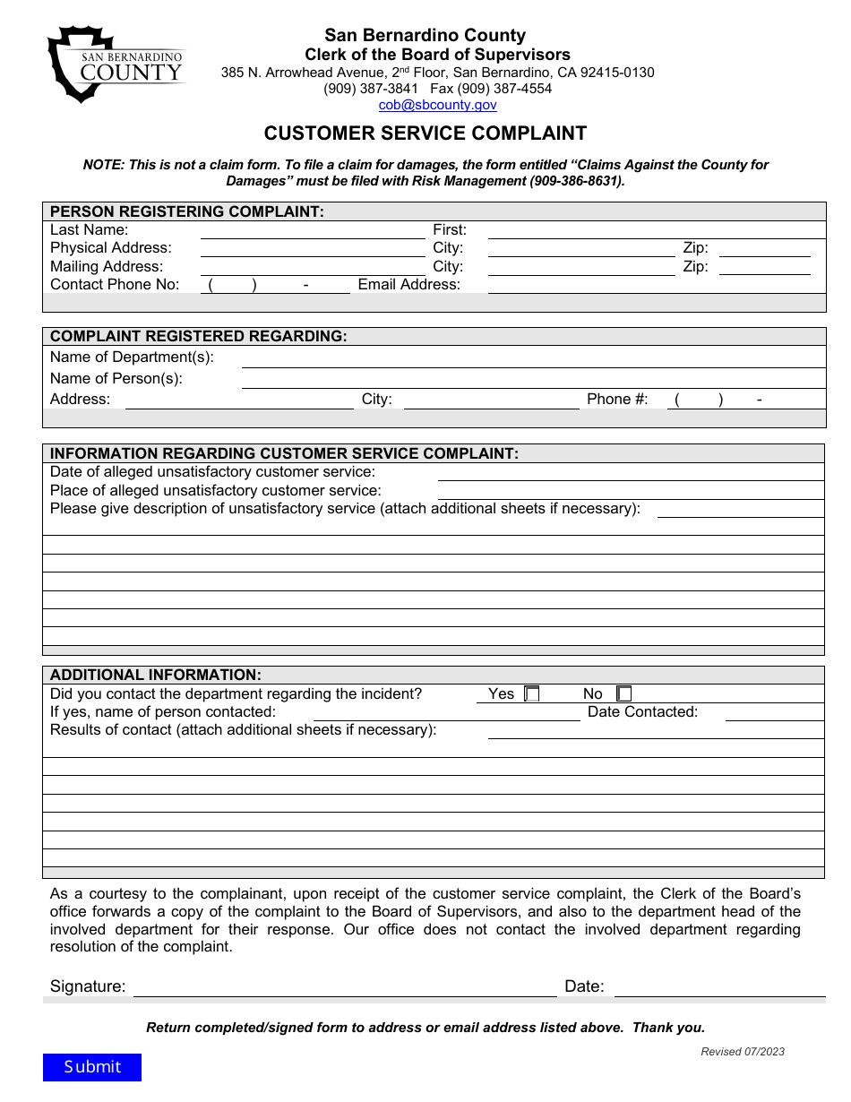 Customer Service Complaint - County of San Bernardino, California, Page 1