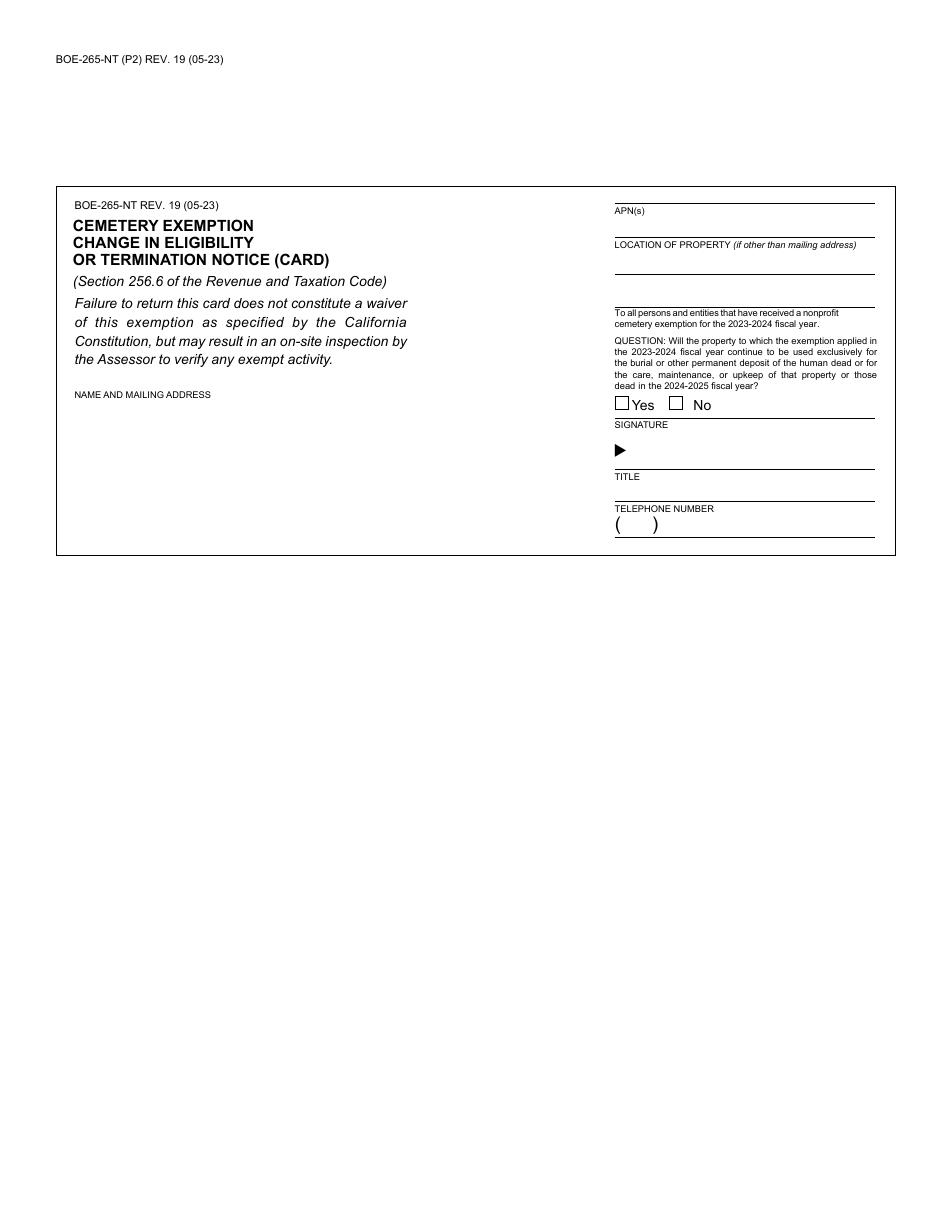Form BOE-265-NT Cemetery Exemption Change in Eligibility or Termination Notice - County of Santa Cruz, California, Page 2
