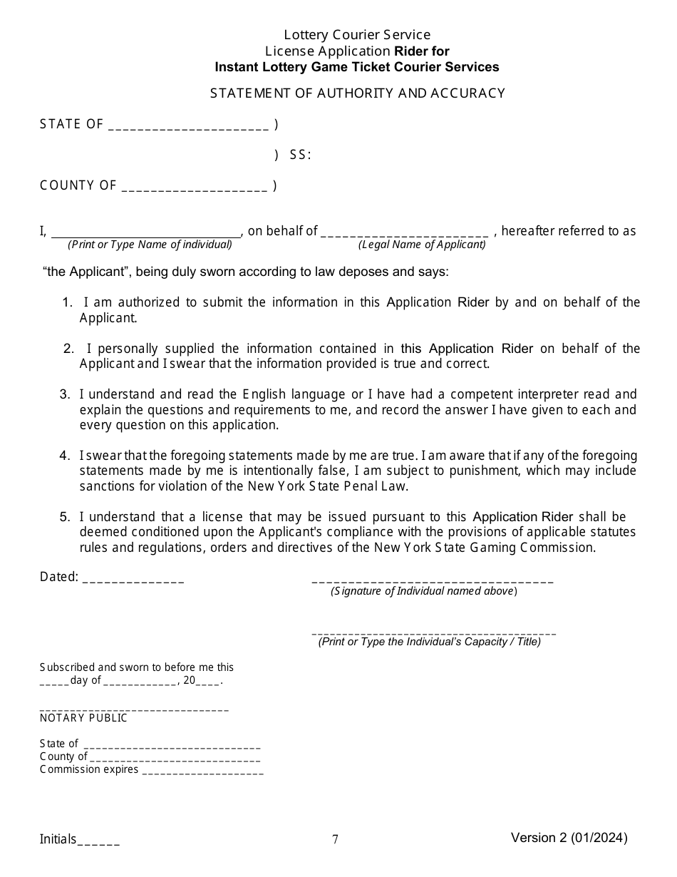 Lottery Courier Service License Application Rider for Instant Lottery Game Ticket Courier Services - New York, Page 7