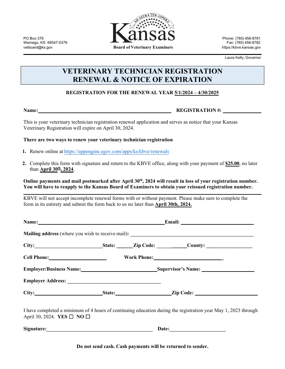 Veterinary Technician Registration Renewal and Notice of Expiration - Kansas, Page 1
