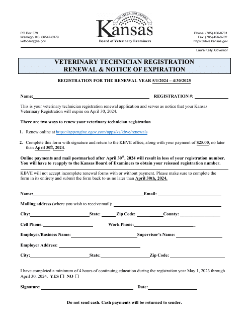 Veterinary Technician Registration Renewal and Notice of Expiration - Kansas, 2025