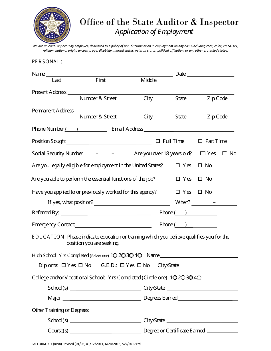 OSAI Form 001 Application of Employment - Oklahoma, Page 1