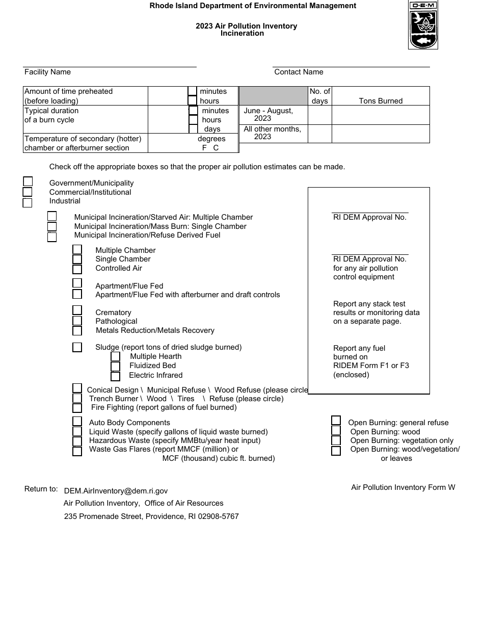 API Form W Incineration - Rhode Island, Page 1