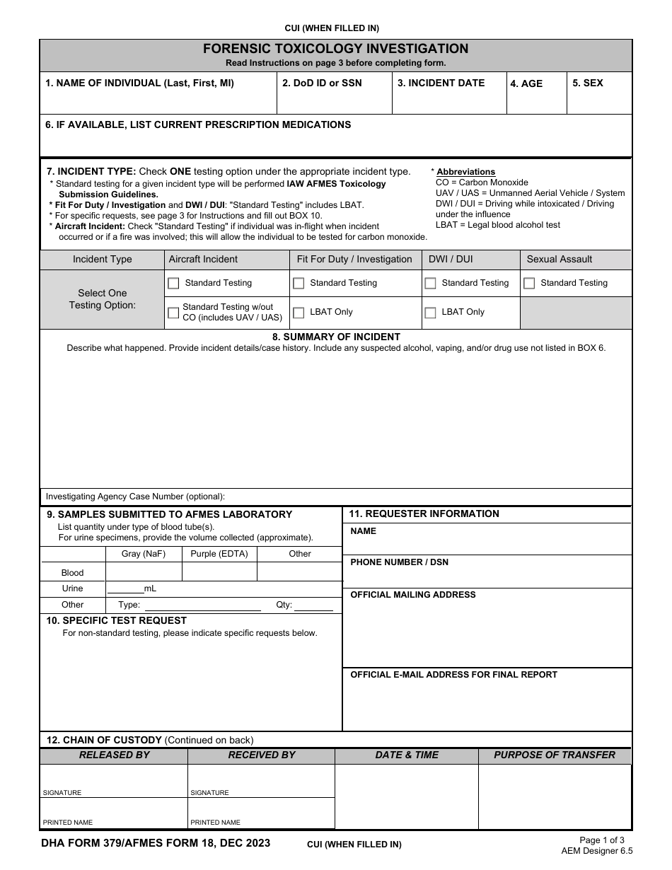 DHA Form 379 (AFMES Form 18) Forensic Toxicology Investigation, Page 1