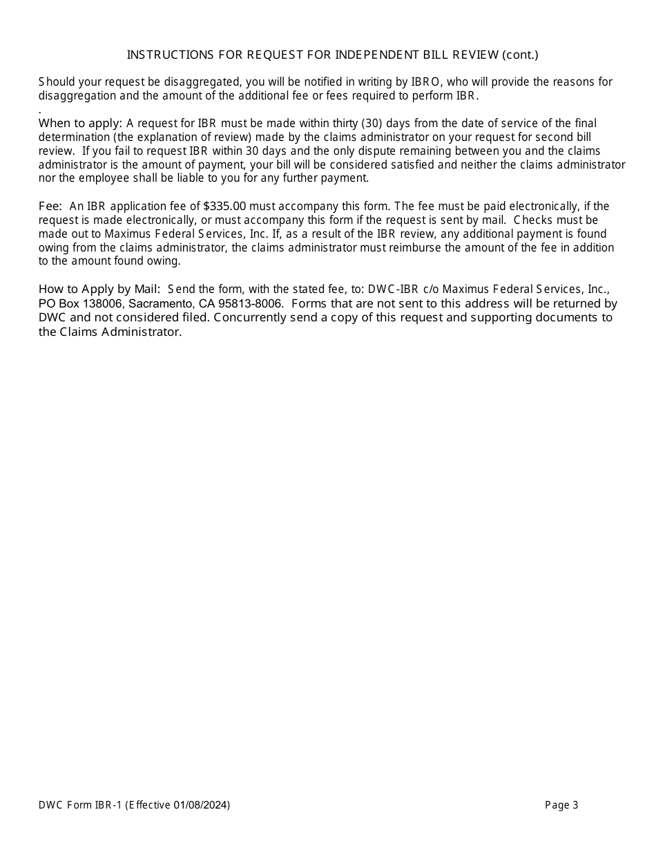 DWC Form IBR-1 Request for Independent Bill Review - California, Page 3
