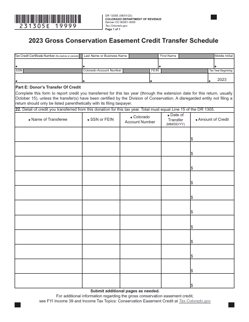 Form DR1305E Gross Conservation Easement Credit Transfer Schedule - Colorado, 2023