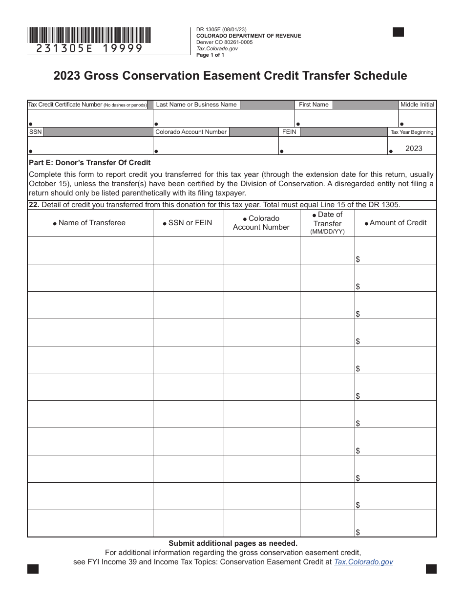 Form DR1305E Gross Conservation Easement Credit Transfer Schedule - Colorado, Page 1
