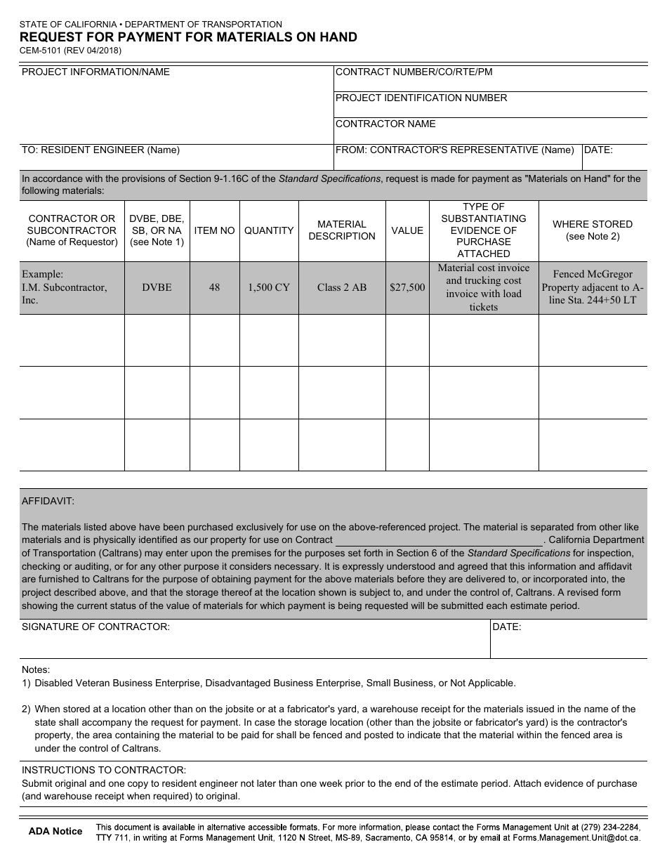 Form CEM-5101 Request for Payment for Materials on Hand - California, Page 1
