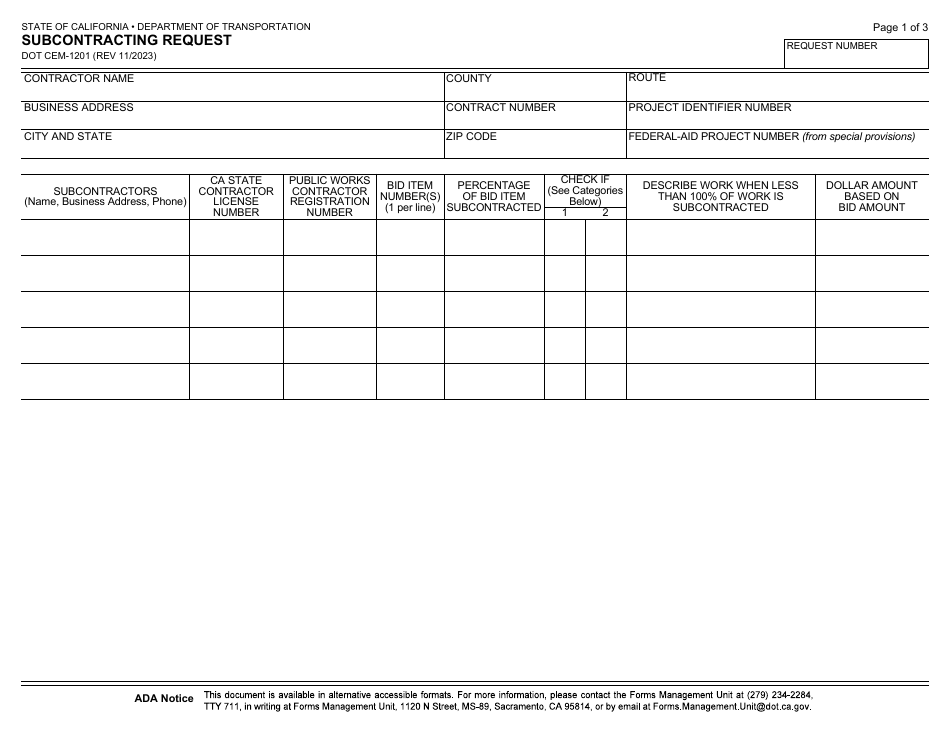Form DOT CEM-1201 Subcontracting Request - California, Page 1