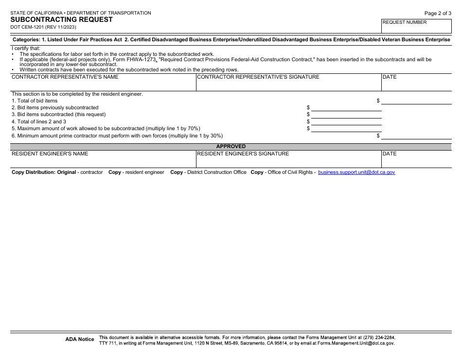 Form DOT CEM-1201 Subcontracting Request - California, Page 2