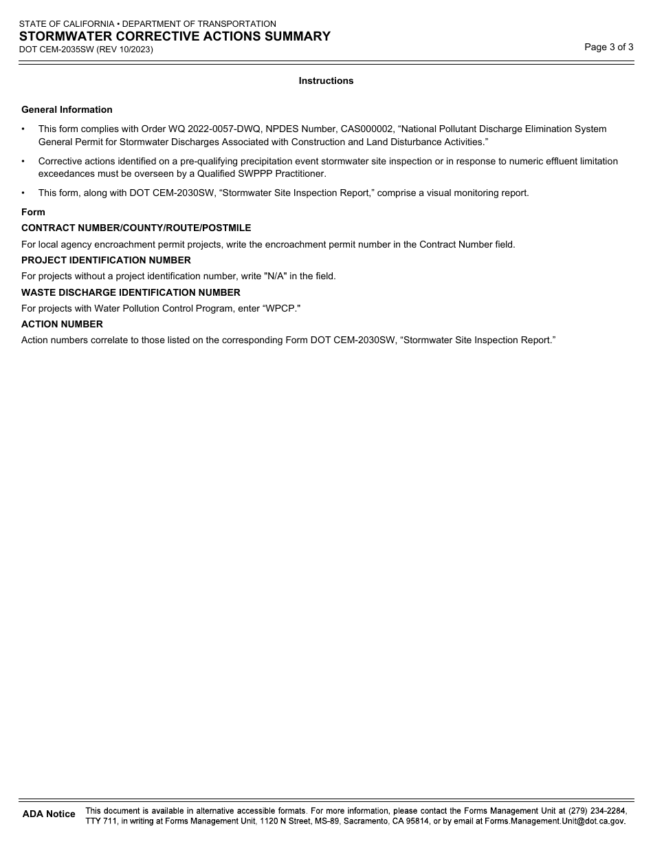 Form DOT CEM-2035SW Stormwater Corrective Actions Summary - California, Page 3