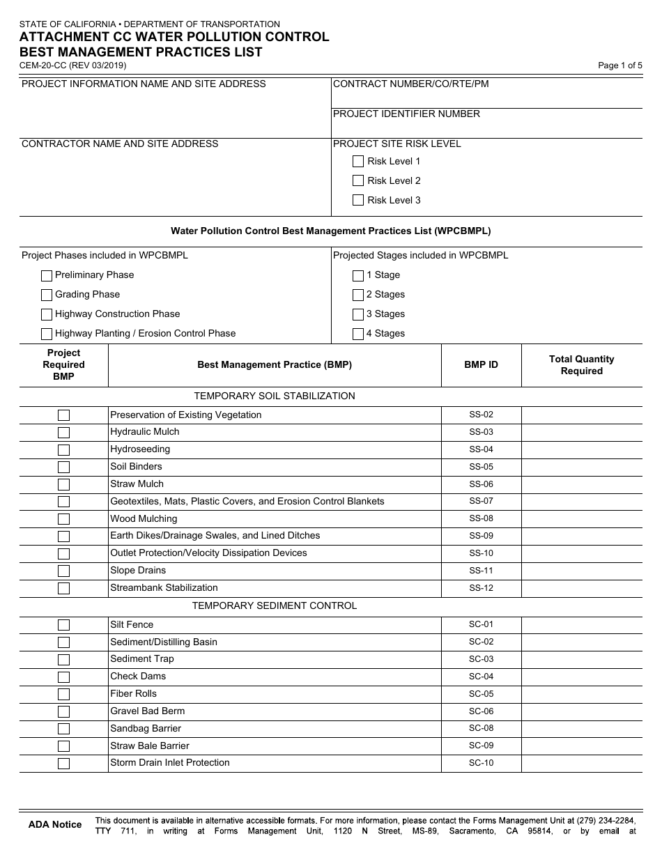 Form CEM-20 Attachment Water Pollution Control Best Management Practices List - California, Page 1