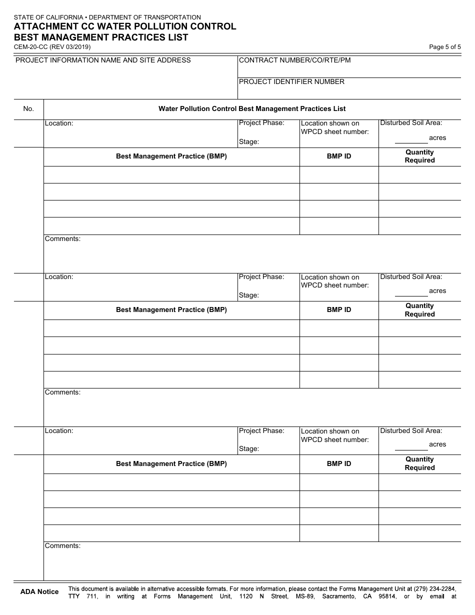 Form CEM-20 Attachment Water Pollution Control Best Management Practices List - California, Page 5