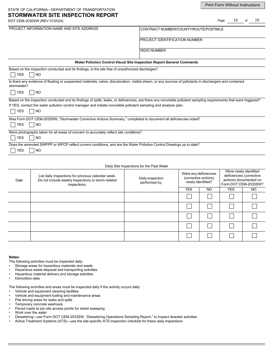 Form DOT CEM-2030SW Stormwater Site Inspection Report - California, Page 16